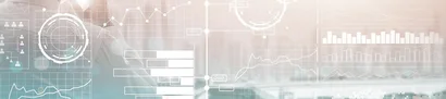 TARGIT | Business Intelligence | 1905 x 425 Pixel Geschäftsperson mit digitalen Datenanalysen, Diagrammen und Prozessvisualisierungen als BI-Symbol