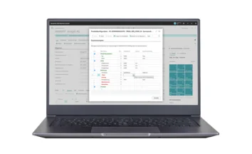 Produktkonfiguration: Dialog „Parametereingabe“ mit Tabelle für Typ, Farbe, Maße und Bedienung.