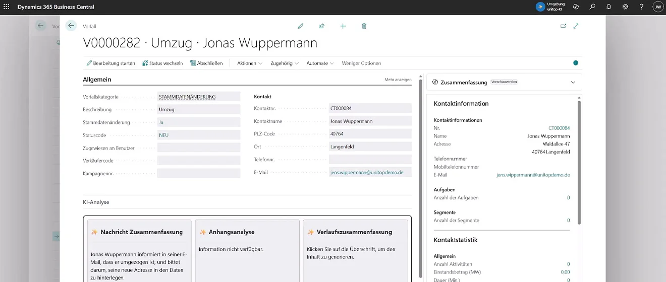unitop Vorfallmanagement in Business Central mit KI-Analyse zu einer Adressänderung.