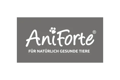 Logo von AniForte in weißer Schrift auf grauem Hintergrund mit Claim Für natürlich gesunde Tiere.