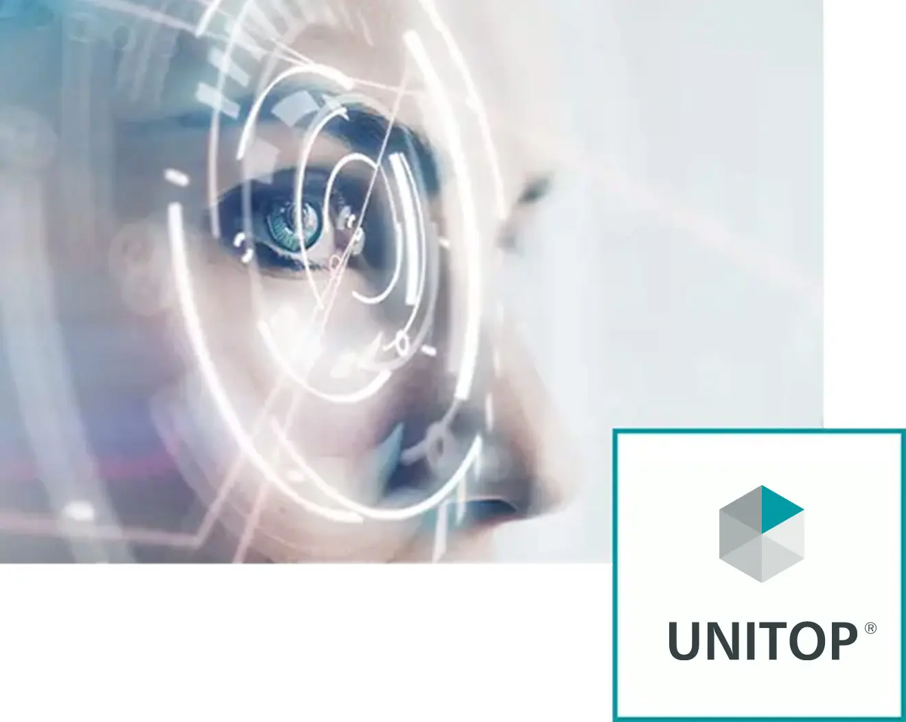 Digitales Bild eines weiblichen Auges mit futuristischen, kreisförmigen Grafiken und das Logo von UNITOP in der unteren rechten Ecke