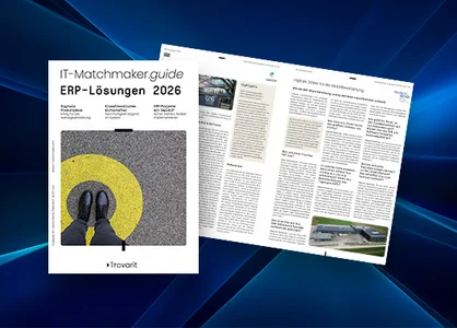 Cover IT-Matchmaker.guide ERP 2026 links; rechts Doppelseite mit GOB-Profil und Fischer-EKF-Case.