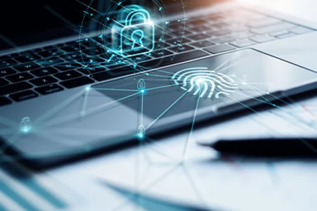 Information Security Consultancy – Protection for Your Data & Processes Symbolic image: a laptop with a padlock and fingerprint icons to represent information security.