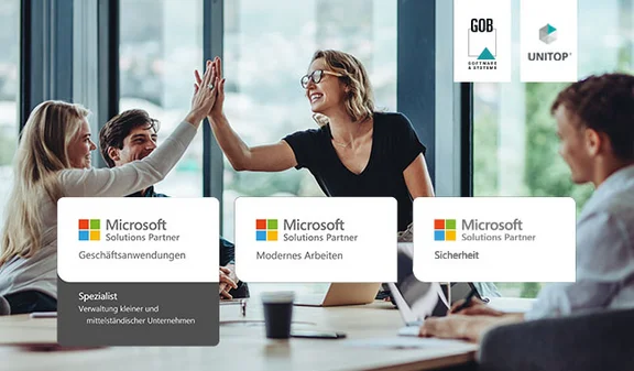 Grafik: High Five, „Solutions Partner“ für Geschäftsanwendungen, Modernes Arbeiten, Sicherheit.