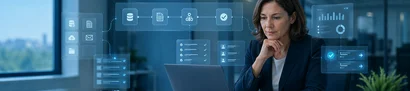Frau am Laptop mit digitalen Prozess- und Analyseanzeigen im Büro. (KI-generiert)