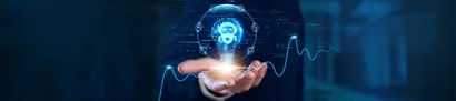 Microsoft Azure AI Foundry – made for powerful AI innovations | 1905 x 425 pixel One hand holds a glowing light bulb with AI symbols as a digital innovation concept