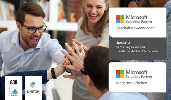 We are a Microsoft Solutions Partner for business applications and modern working. Group puts hands together; Microsoft badge on the right, GOB and unitop logos at the bottom left.