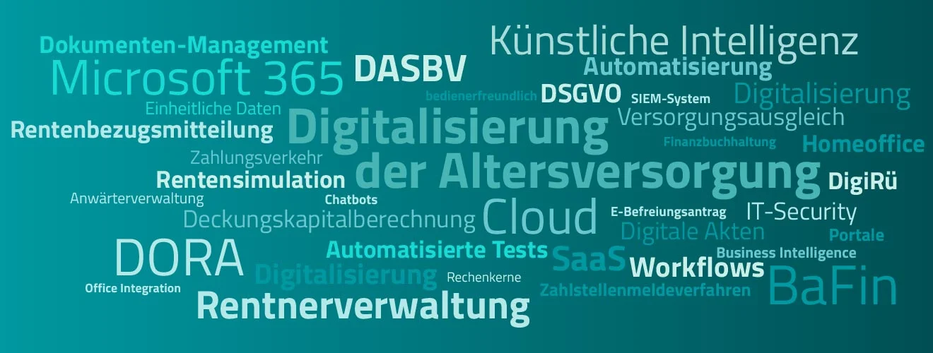 Die wichtigsten Begriffe – rund um das Thema Digitalisierung der Altersversorgung Schlagwortwolke mit Begriffen zur Digitalisierung der Altersversorgung: DigiRü, BaFin, DORA u. a.