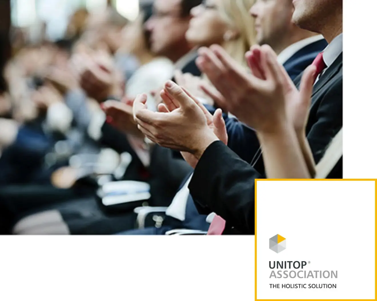 Applauding association members sitting in an event room, unitop Association logo at the bottom right