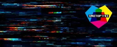 Altersversorgung meets KI | unitop Farbiges Logo mit Schriftzug "UNITOP liebt KI" auf digitalem, abstrakt verpixeltem Hintergrund