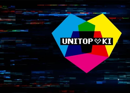 Farbiges Logo mit Schriftzug "UNITOP liebt KI" auf digitalem, abstrakt verpixeltem Hintergrund