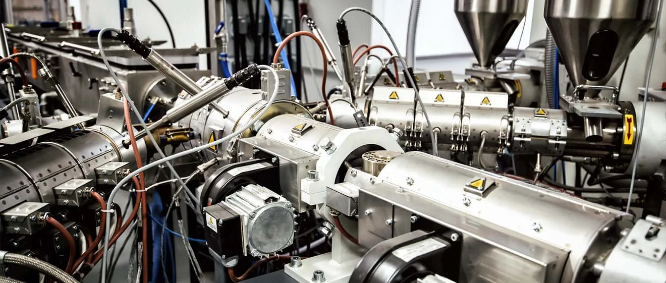 Extrusionsmaschinen mit Edelstahlzylindern, Trichtern und Kabeln; Sensoren entlang der Linie.