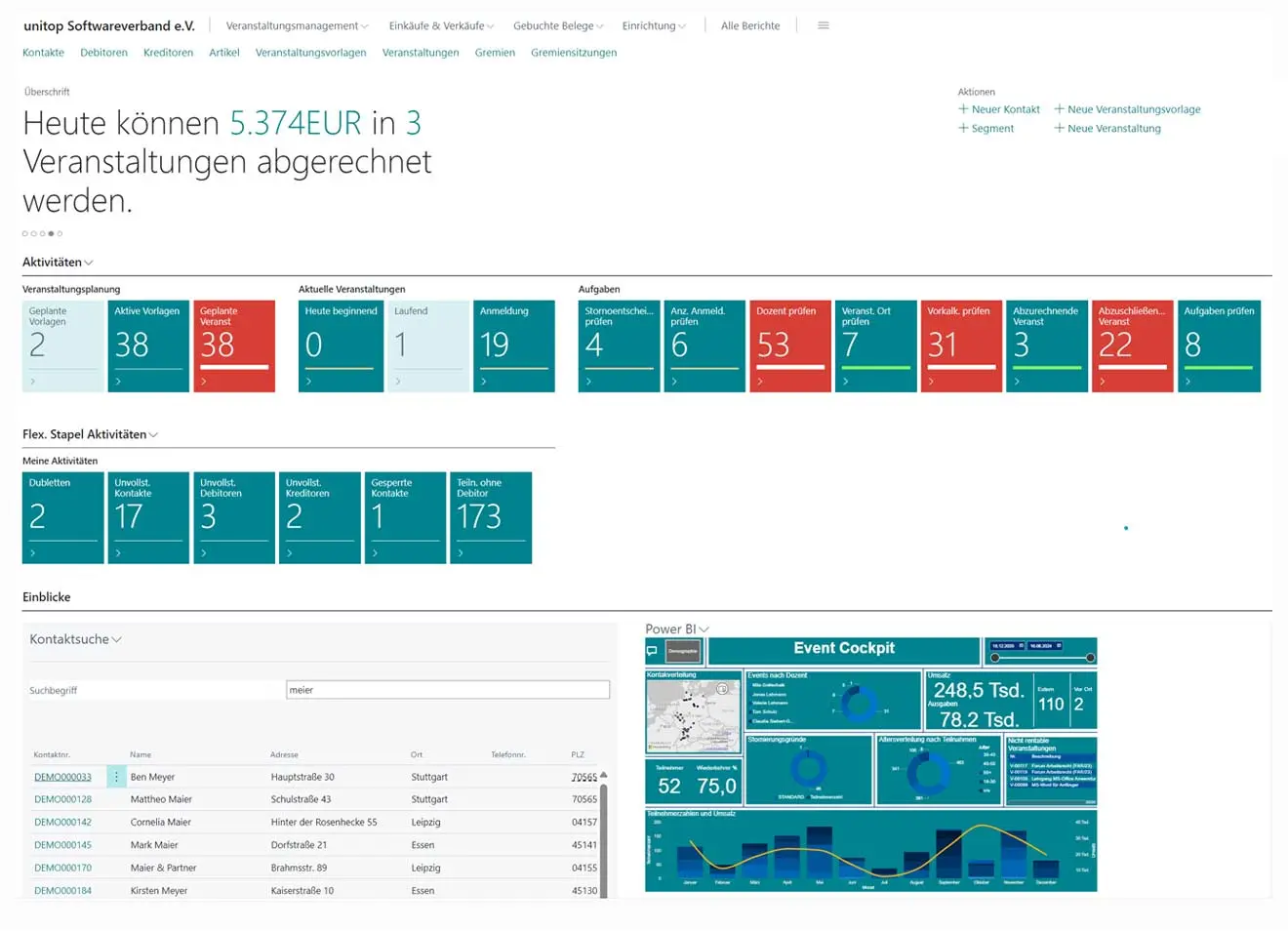 Screenshot: unitop Akademie-Dashboard mit Veranstaltungsabrechnungen und Power-BI-Event-Cockpit.