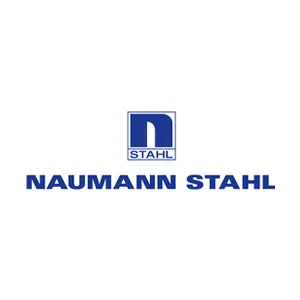 Blaues Logo „NAUMANN STAHL“ mit quadratischer Bildmarke „N STAHL“ darüber, auf weißem Grund.