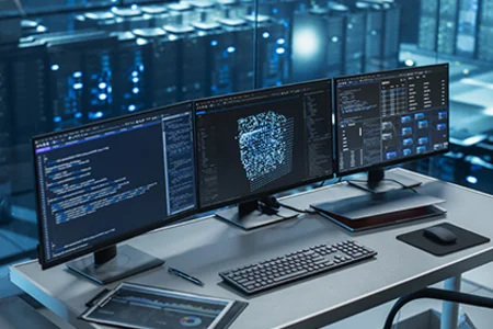 Building infrastructure with GOB – for high-performance IT Illustrative image: Monitors with code and data visualisation for GOB infrastructure setup on-site.