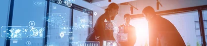 unitop – ganzheitliche Lösung auf Basis von Microsoft Dynamics 365 Business Central Symbolbild: Teammeeting mit Daten-Icons – unitop für durchgängige Abläufe mit Business Central.
