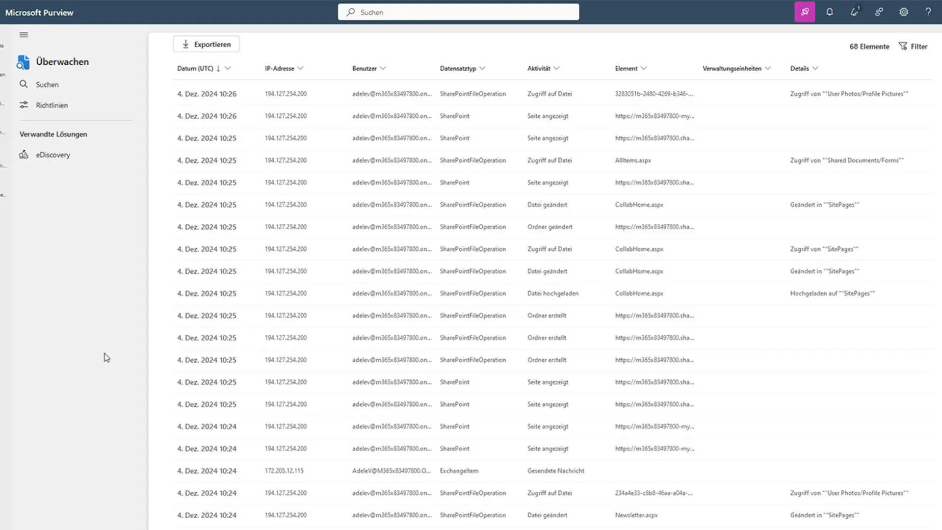 Audit-Logs im Microsoft-Purview-Überwachungsbereich: Detaillierte Liste  protokollierter Aktivitäten