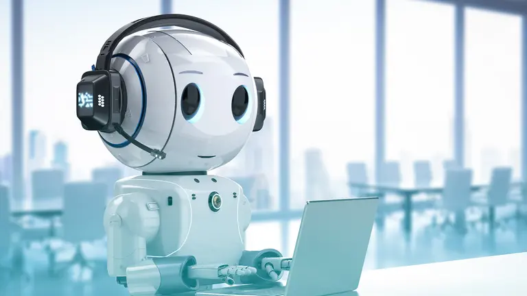 Chatbot - Roboter chattet am Laptop