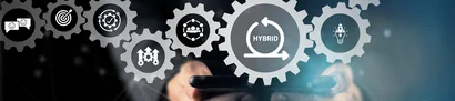 Hybrid IT project management: dependencies | 1905 x 425 pixel Cogwheels symbolise aspects of hybrid project management