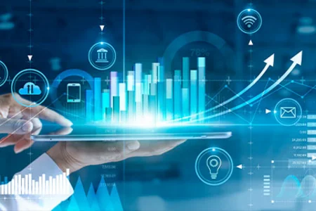 Business Intelligence in Action: Analysen zur Effizienzsteigerung Digitale Darstellung von Datenwachstum und Vernetzung mit Grafiken auf einem Tablet.