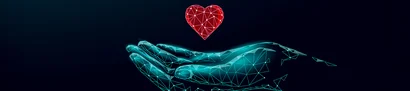 Türkisfarbene, digital erzeugte Hand mit schwebendem rotem Herz – Symbol für digitales Fundraising