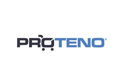 Logo von PROTENO mit schwarzem und blauem Schriftzug und Einkaufswagen-Symbol.