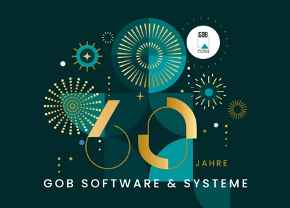 Jubiläumsgrafik zum 60-jährigen Bestehen der GOB Software & Systeme mit goldenen Designelementen