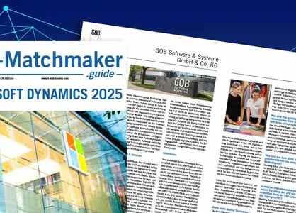 Titelbild des IT-Matchmaker-Guides 2025 mit Schwerpunkt Microsoft Dynamics und Fachbeitrag der GOB