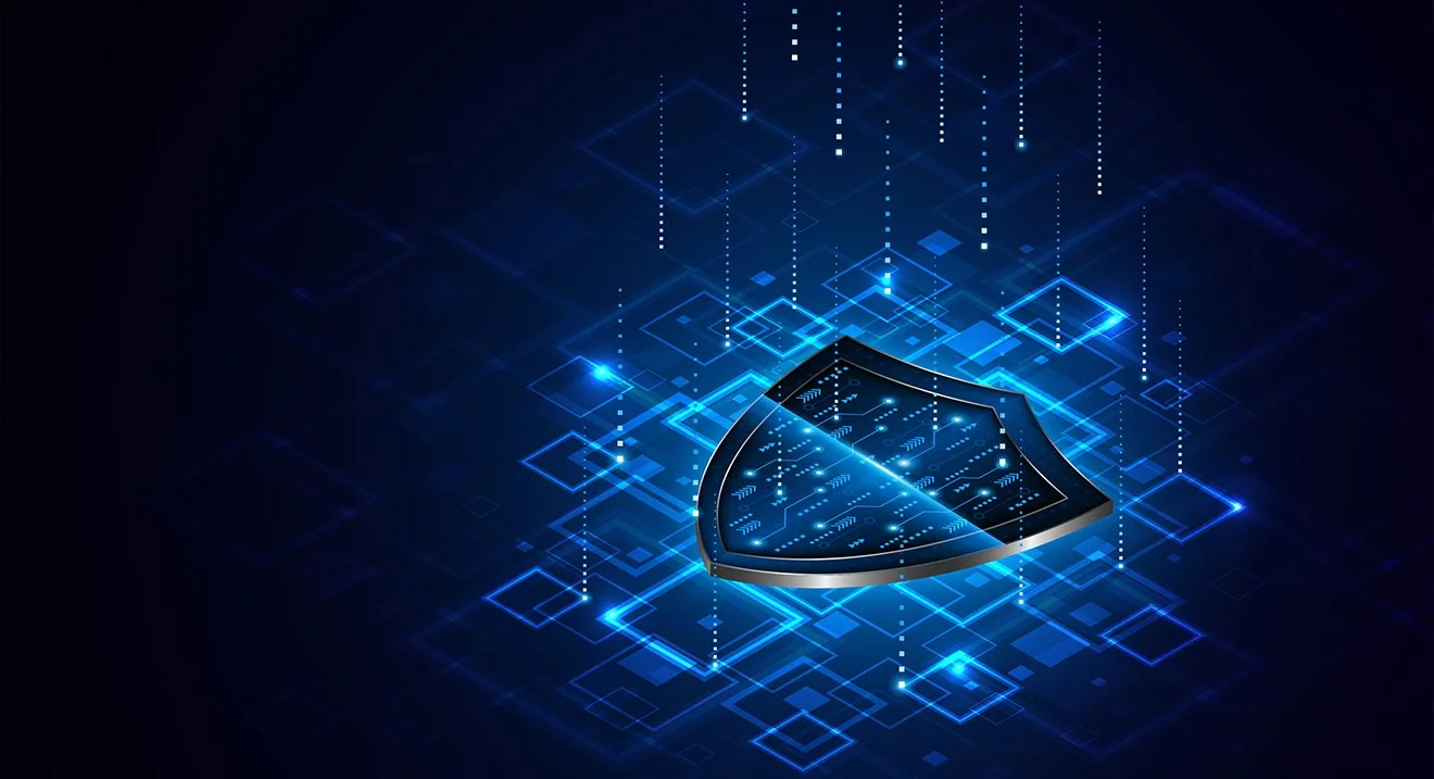 Datenschutz durch ausgefeiltes IT-Security-Konzept Virtuelles Schutzschild in einem blaufarbigen digitalen Netzwerk vor schwarzem Hintergrund