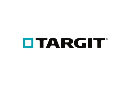 Logo des Business-Intelligence-Anbieters TARGIT mit schwarzem Schriftzug und türkisfarbenem Quadrat