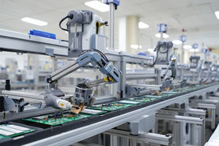 Industrial robots assemble printed circuit boards on an automated assembly line.