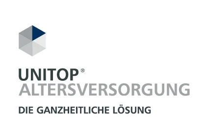 Logo von UNITOP® ALTERSVERSORGUNG: Würfel-Symbol in Grau/Blau, darunter „Die ganzheitliche Lösung“.