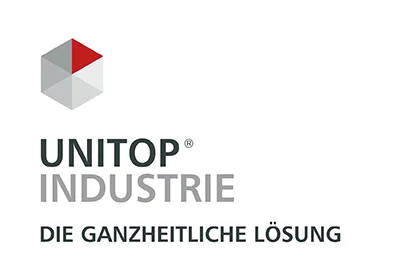 unitop Industrie: Die ganzheitliche ERP-Softwarelösung für Ihre Branche Logo mit sechseckigem Würfelsymbol und der Aufschrift „unitop Industrie – Die ganzheitliche Lösung“