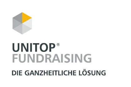 Logo von UNITOP® FUNDRAISING: Würfel-Symbol in Grau/Gelb, darunter „Die ganzheitliche Lösung“.