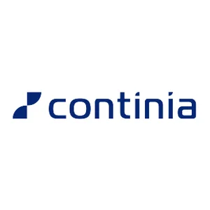 Continia: logo Continia logo with dark blue word mark and stylised symbol on a white Background