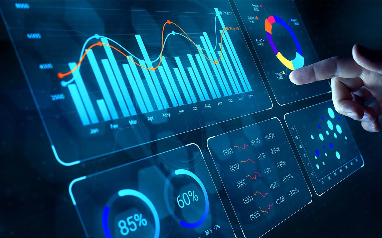 Datenanalyse in Echtzeit – mit Business-Intelligence-Lösungen Finger tippt auf interaktives Dashboard mit Diagrammen und Analysen in Echtzeit