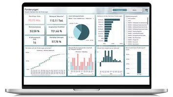 Laptop mit unitop BI-Dashboard zu Forderungen, Zahlungsarten und überfälligen Zahlungen.