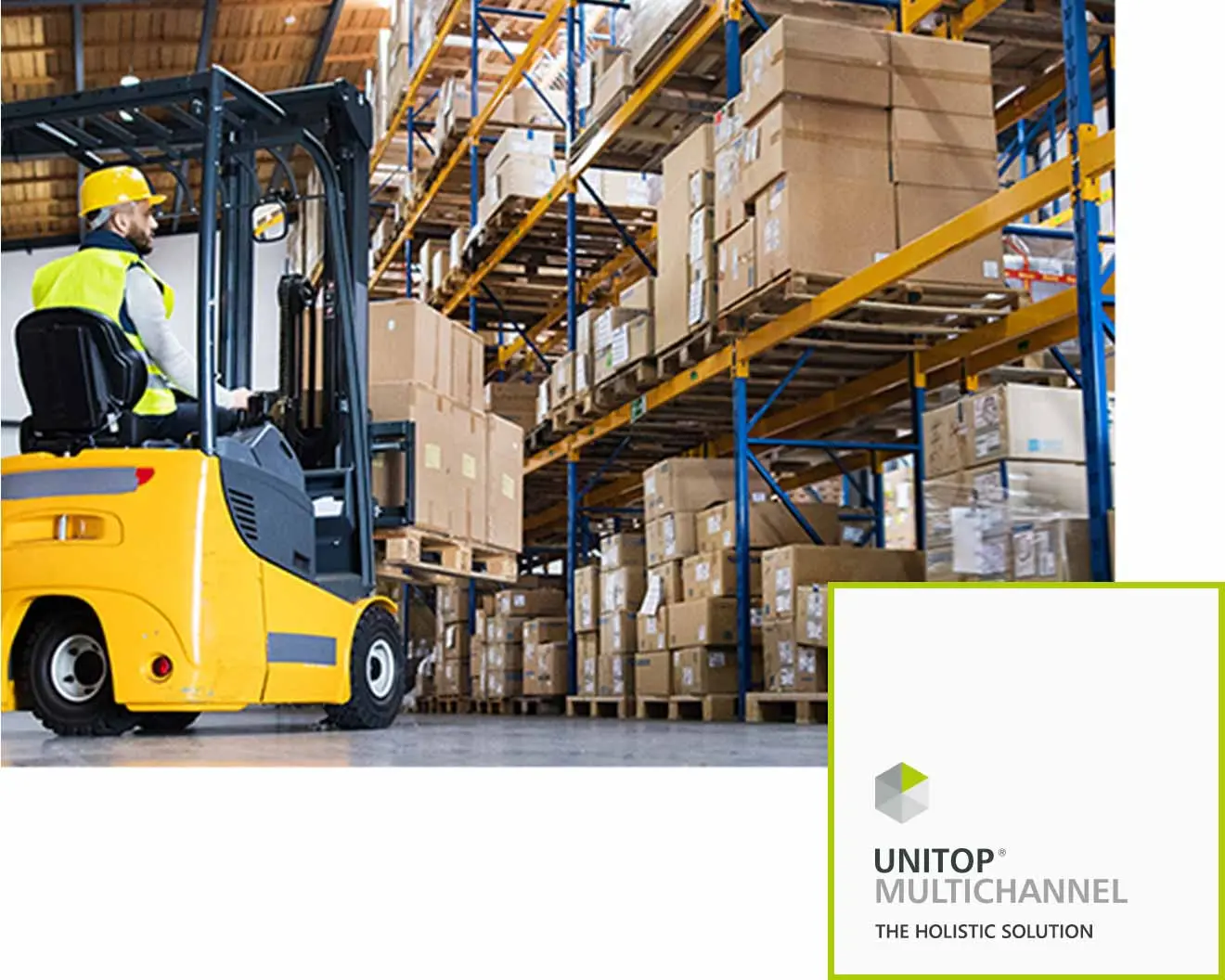 Worker operating a forklift in a warehouse and unitop multichannel logo at the bottom right