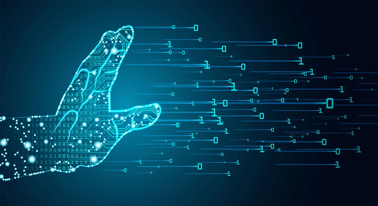 Training data for AI Virtual blue hand sends input data in binary code to AI