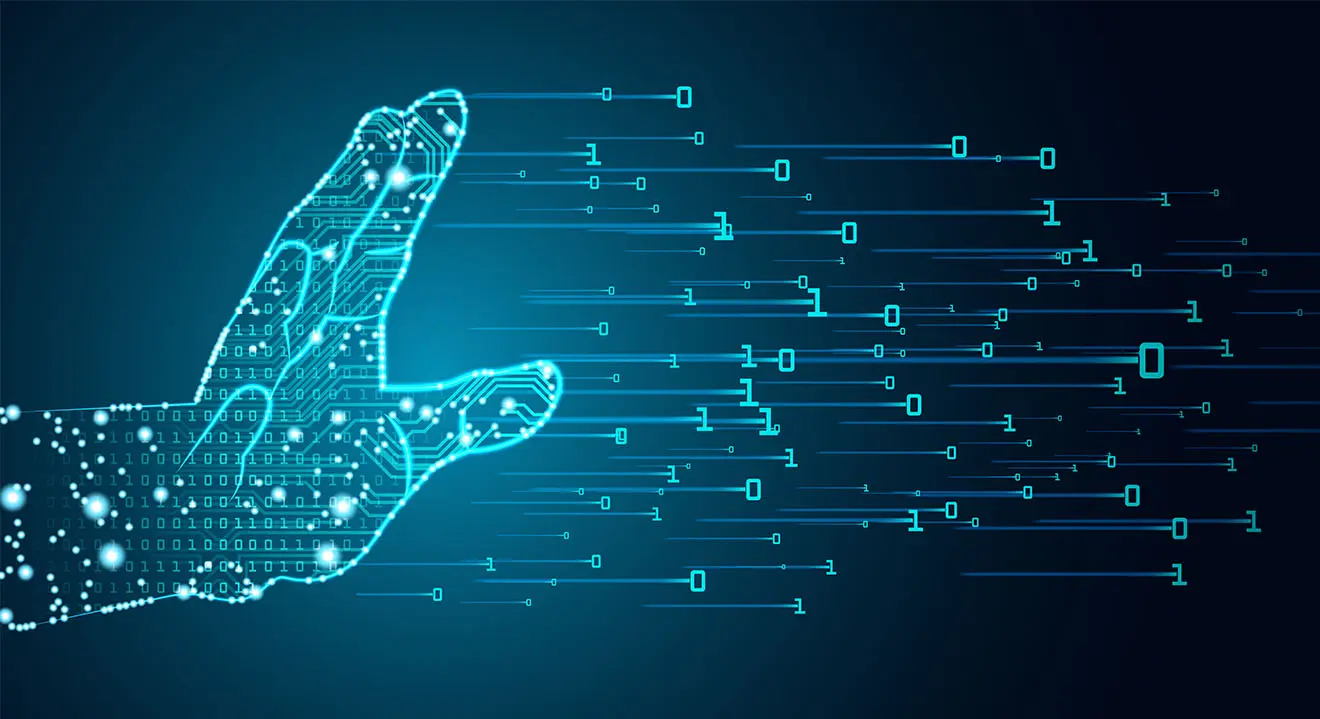 Virtual blue hand sends input data in binary code to AI