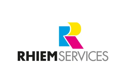 RHIEM SERVICES logo with coloured R symbol in cyan, yellow and magenta next to grey lettering.
