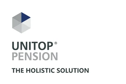 Logo of UNITOP® PENSION with grey wordmark, cube icon in grey and blue, tagline below.