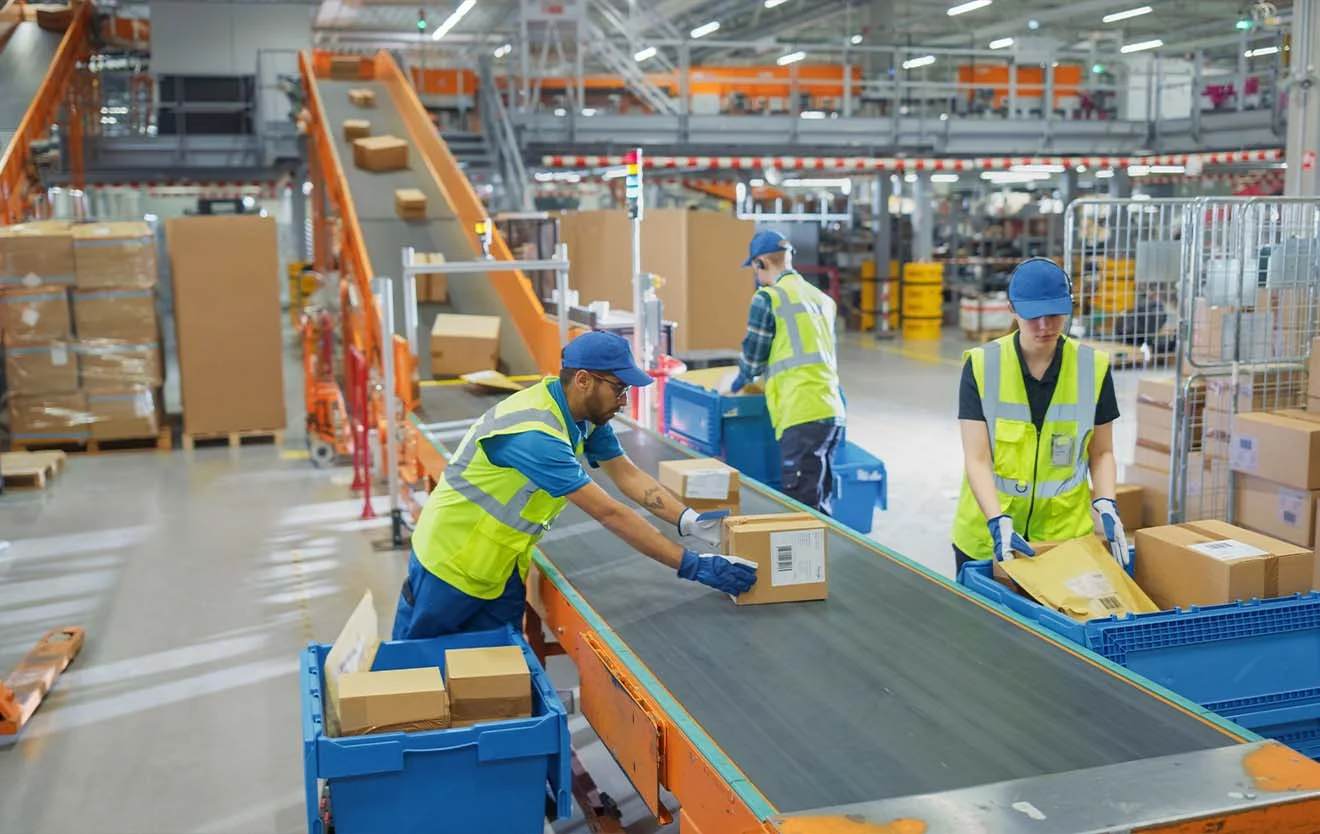 Parcel sorting and dispatch preparation in the logistics centre with unitop – controlled in the ERP system Employees sort parcels on a conveyor belt in a logistics centre.