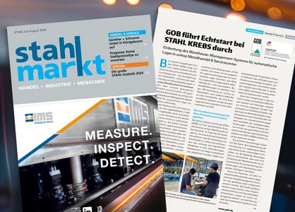 Stahlkrebs-Echtstart im stahlmarkt-Magazin Juli/August 2024 Deckblatt stahlmarkt-Magazin Juli–August 2024 mit Advertorial GOB-Bericht