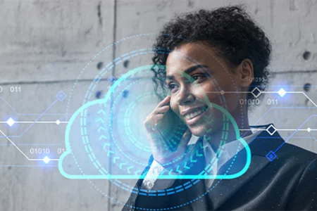 Modern workplace: optimally networked & cloud-based working Businesswoman on the phone, digital cloud graphic
