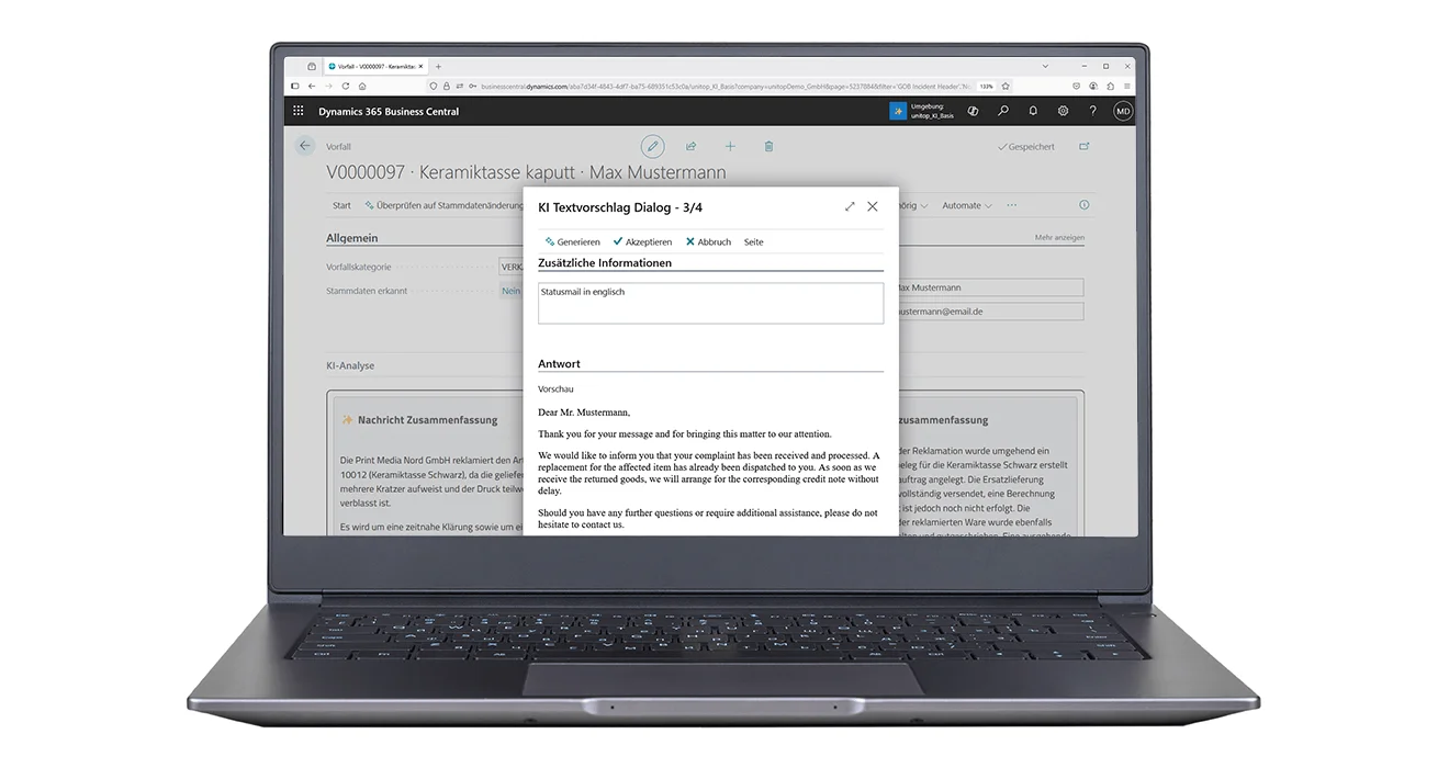 The AI basics add-on in action: text suggestion in English Screenshot of a unitop function with AI basics add-on: English text suggestion for complaints