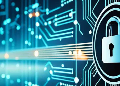Digitales Sicherheitsschloss auf einem abstrakten Schaltkreis, das Cybersicherheit symbolisiert.