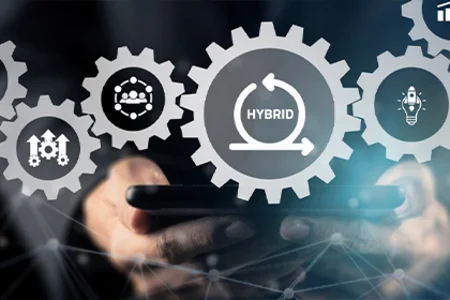 Hybrid IT project management: dependencies Cogwheels symbolise aspects of hybrid project management.