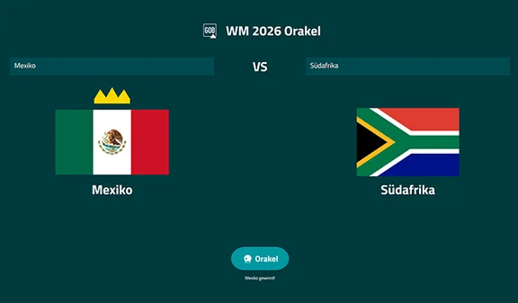 WM-Orakel für Mexiko gegen Südafrika WM-Orakel 2026 zeigt Mexiko gegen Südafrika mit Länderflaggen und Orakel-Schaltfläche.