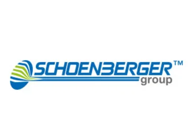 SCHOENBERGER group Logo in Blau mit grün-blauem Bogen.